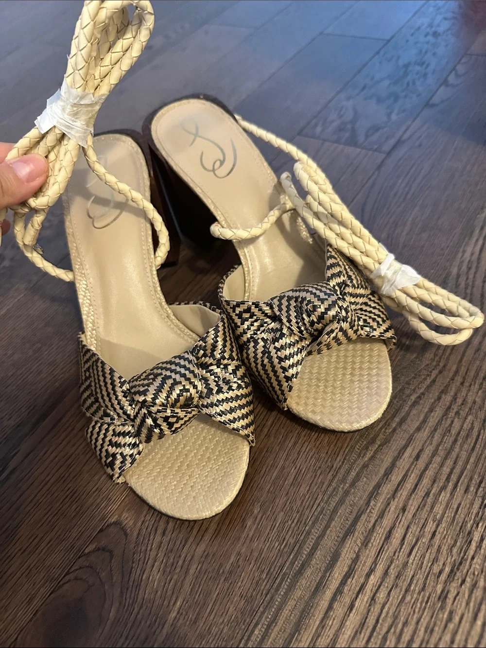 Sam Edelman Bodhi Braided Ankle-Tie Block Heel Sandals in Beige/Black - Picture 8 of 12